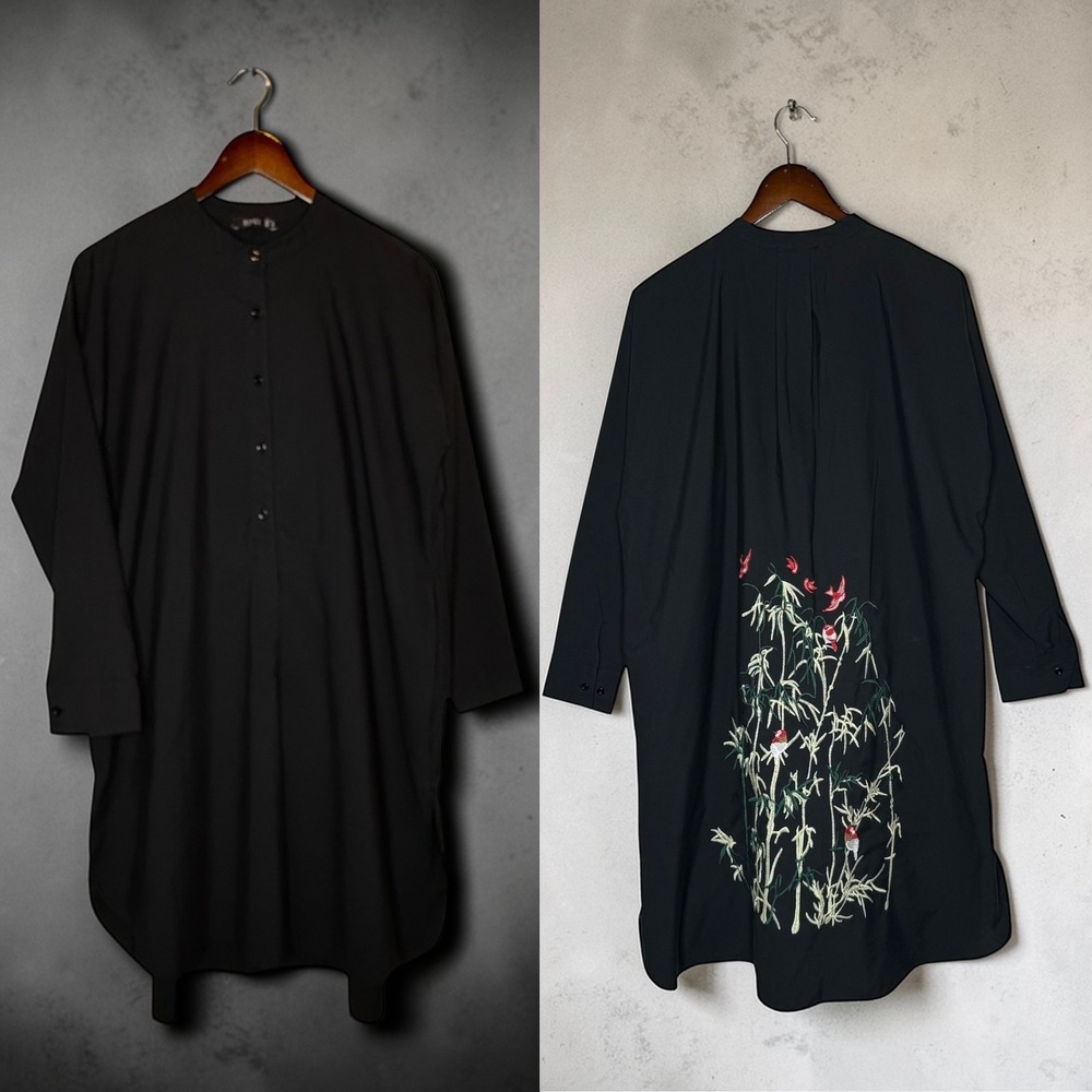 REFKA Cotton Midi High Low Embroidered Shirt Dress Black Relaxed Popover size 8